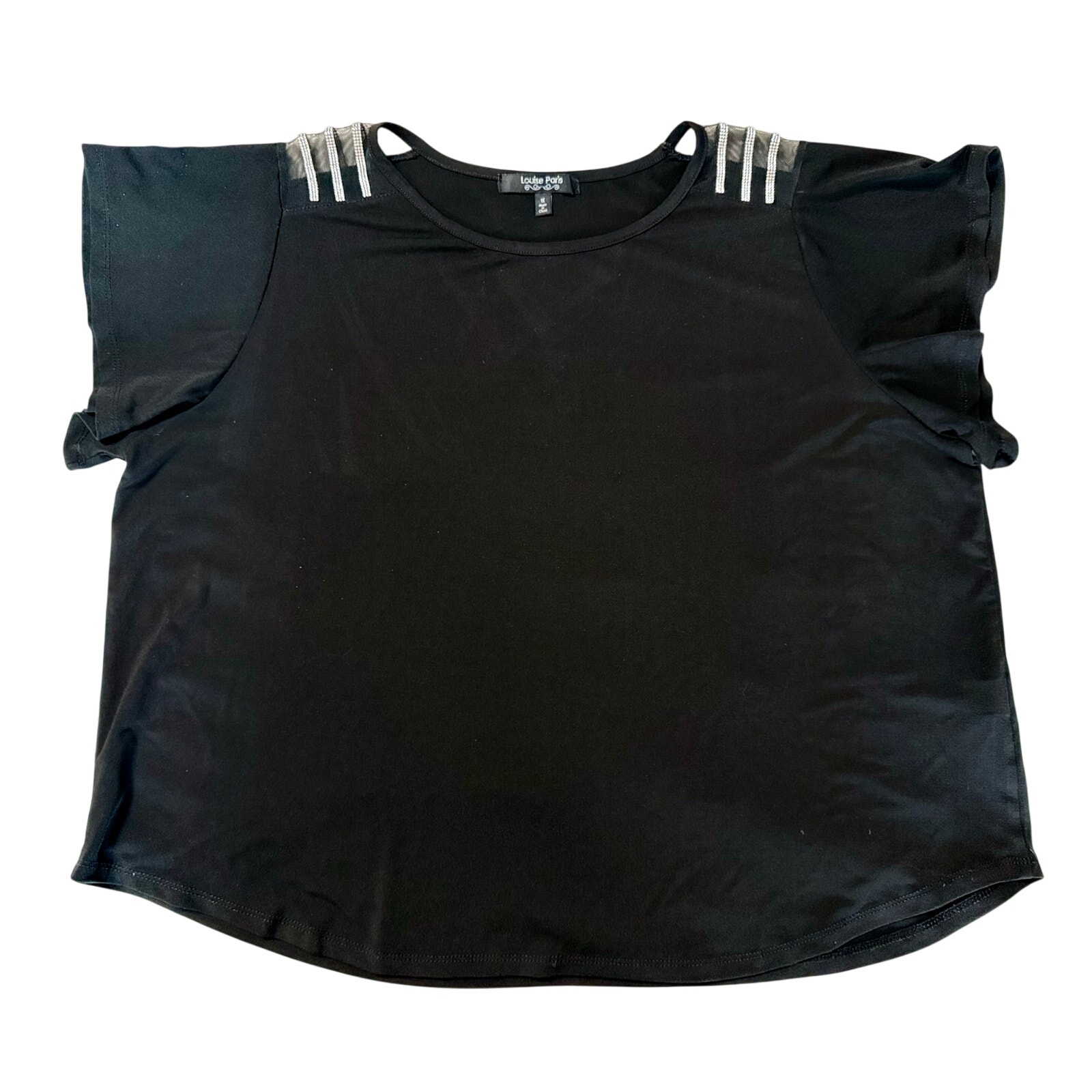 Louise Paris Black Rhinestone Mesh Shoulder Top Xl Dressy Stretch Blouse